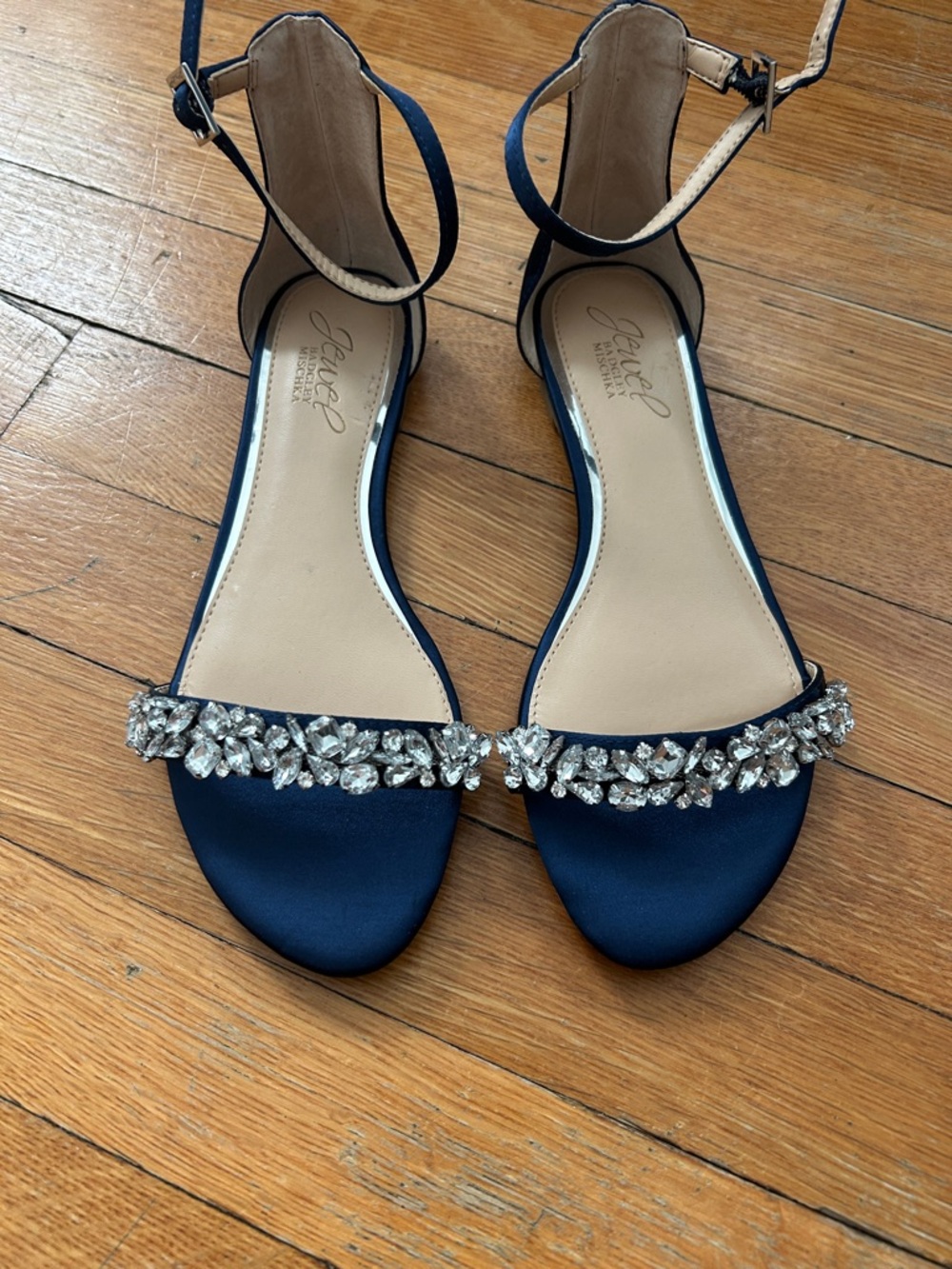 Badgley Mischka Navy Satin Crystal-Embellished Ankle-Strap Sandals